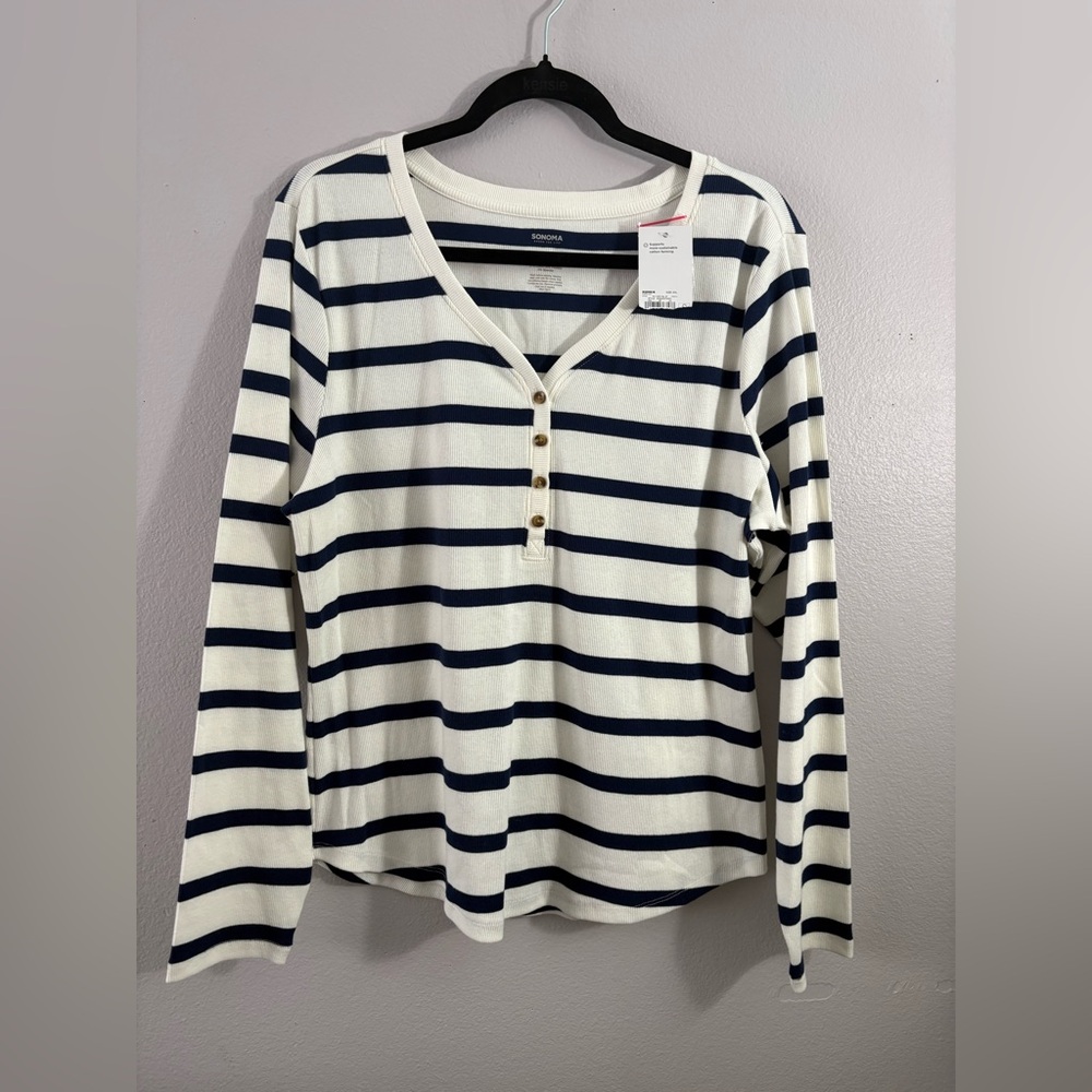 Sonoma Navy and White Striped Henley Long Sleeve Top